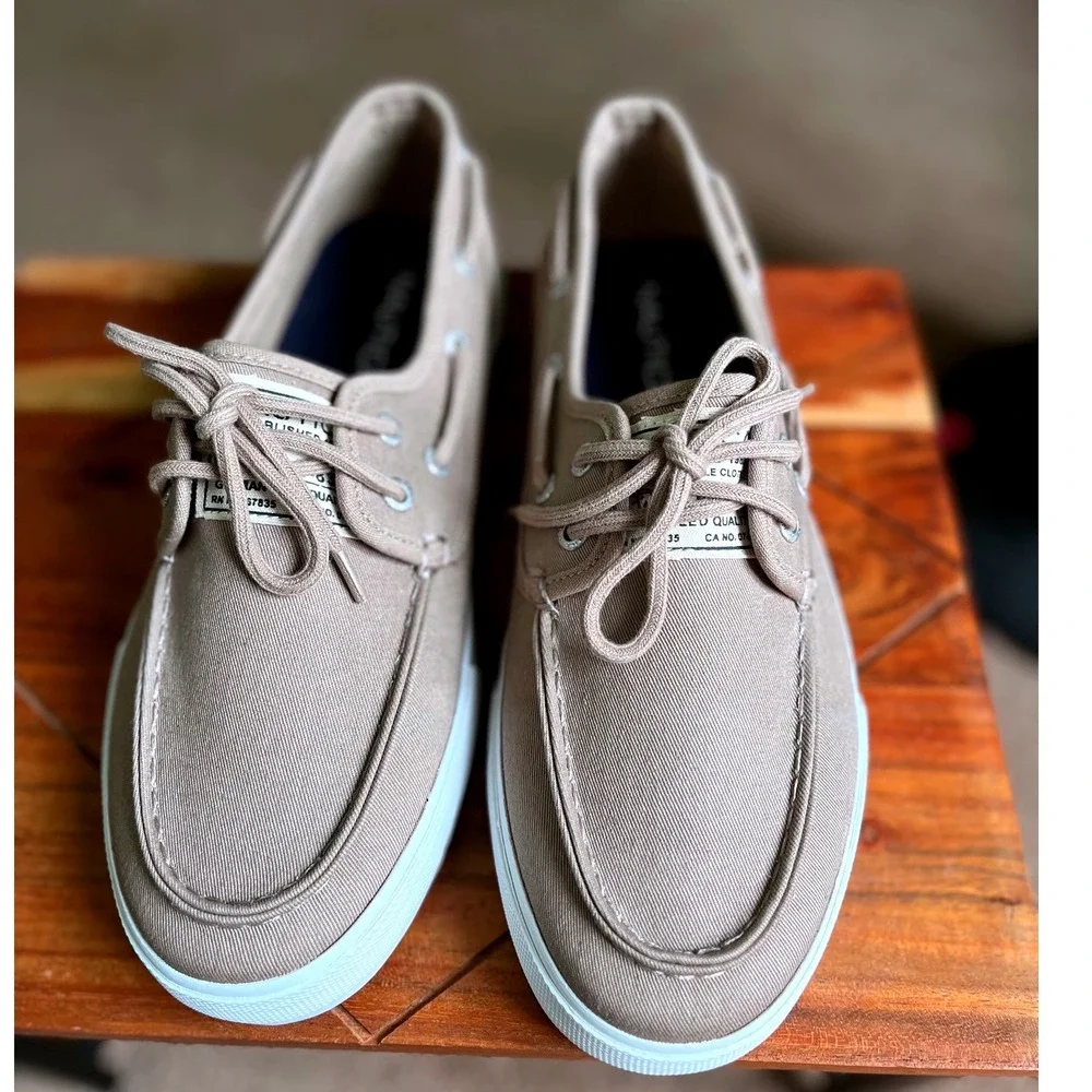 Nautica Spinnaker Twill Mens 9.5 Tan Boat Shoes Canvas Loafers NEW